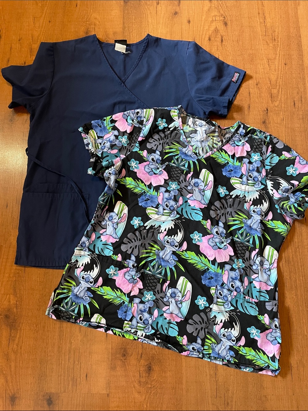 Scrub top set with Disney and Cherokee brands (size label missing - PTP 23”)